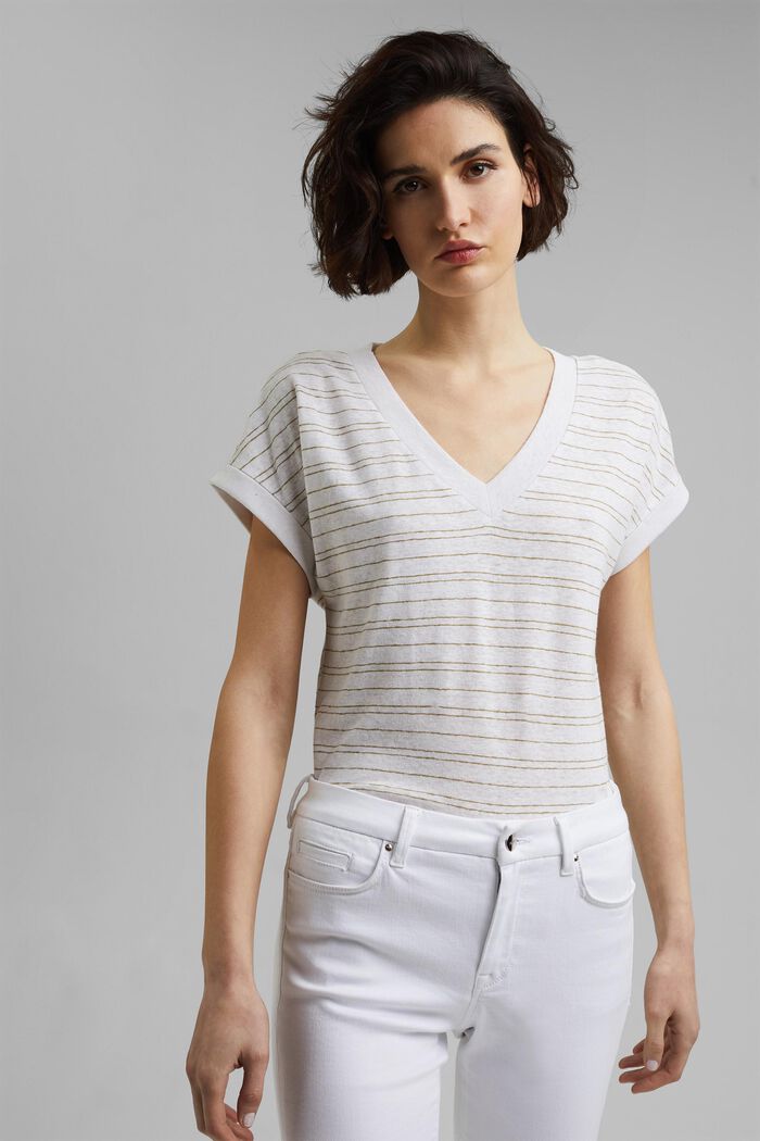 Cotton/linen: striped T-shirt, WHITE, detail image number 0