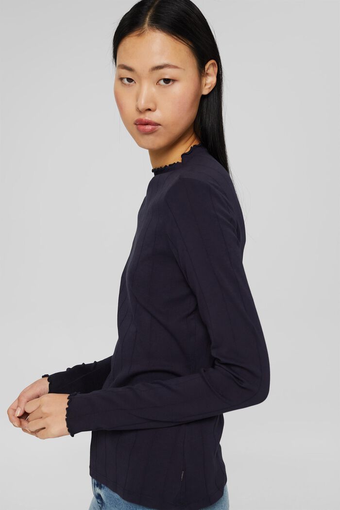 Long sleeve top with wavy edges, NAVY, overview