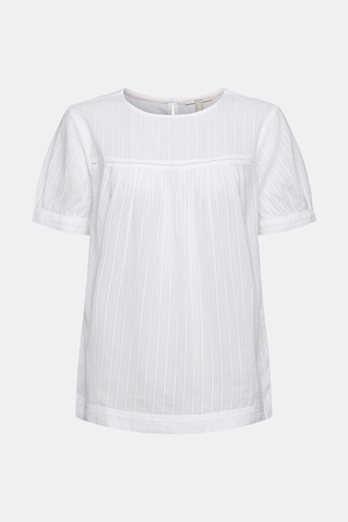 Short sleeve blouse with a woven pattern, 100% cotton, WHITE, overview