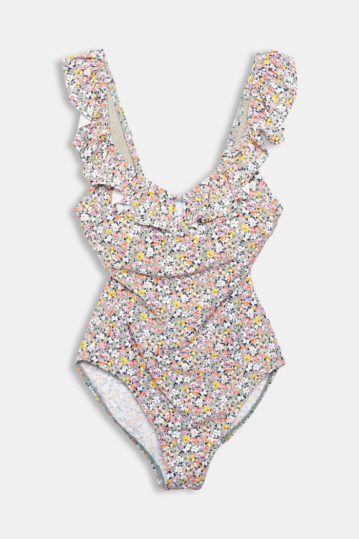 Made of recycled material: printed swimsuit with frills, LIGHT KHAKI, overview