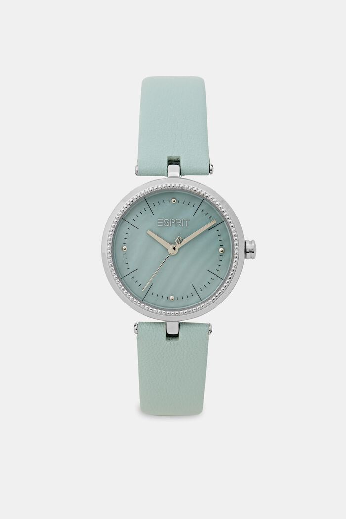 Watch with leather strap, LIGHT GREEN, overview