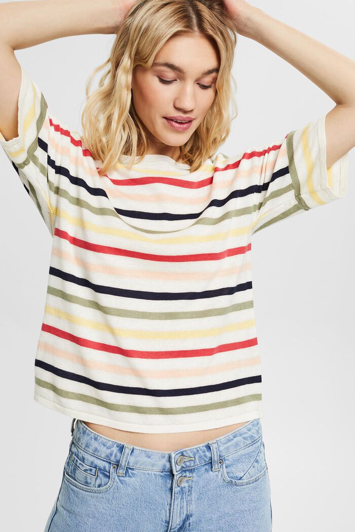 With linen: striped short sleeve jumper, OFF WHITE, detail image number 5