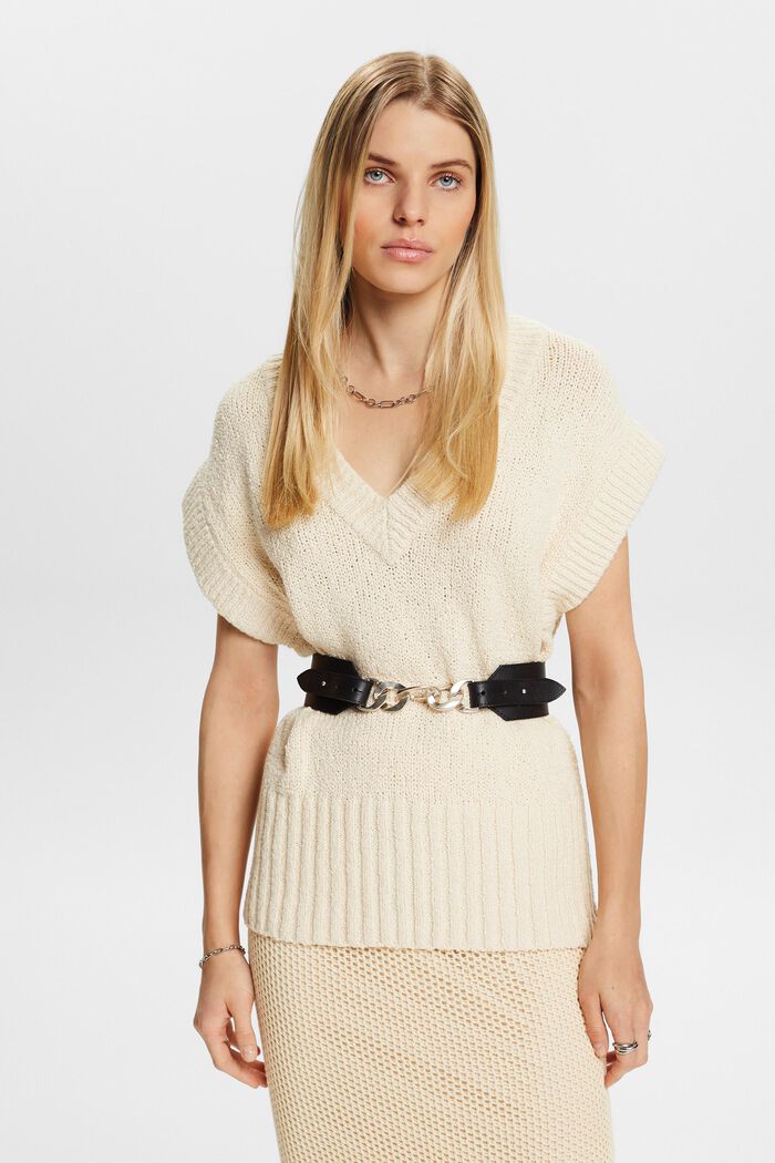 V-Neck Bouclé Sweater, CREAM BEIGE, detail image number 0