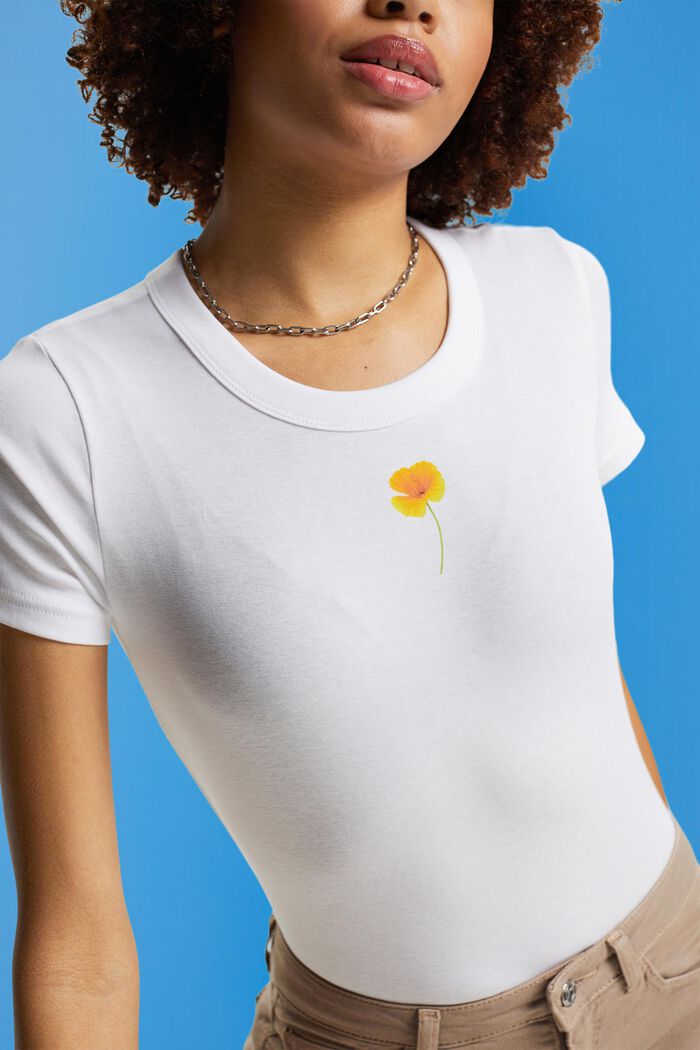 T-shirt with flower print on the chest, WHITE, detail image number 2
