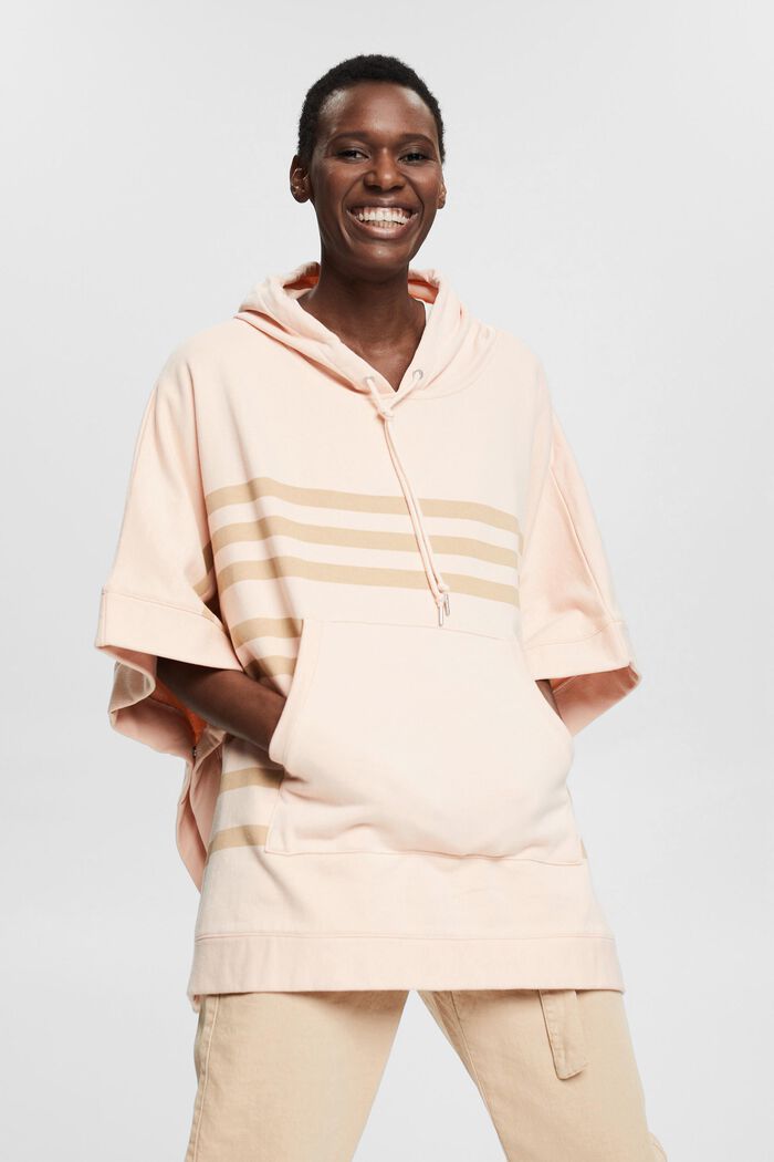 Striped hooded sweatshirt fabric poncho, NUDE, overview