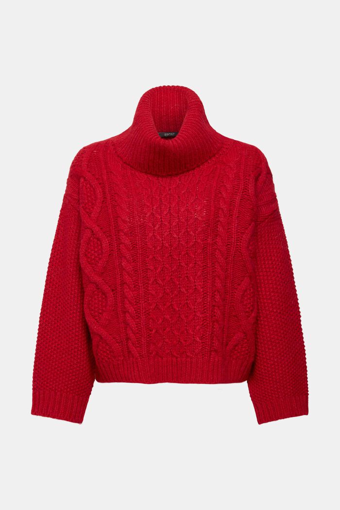 Roll neck cable knit sweater with wool, DARK RED, detail image number 6