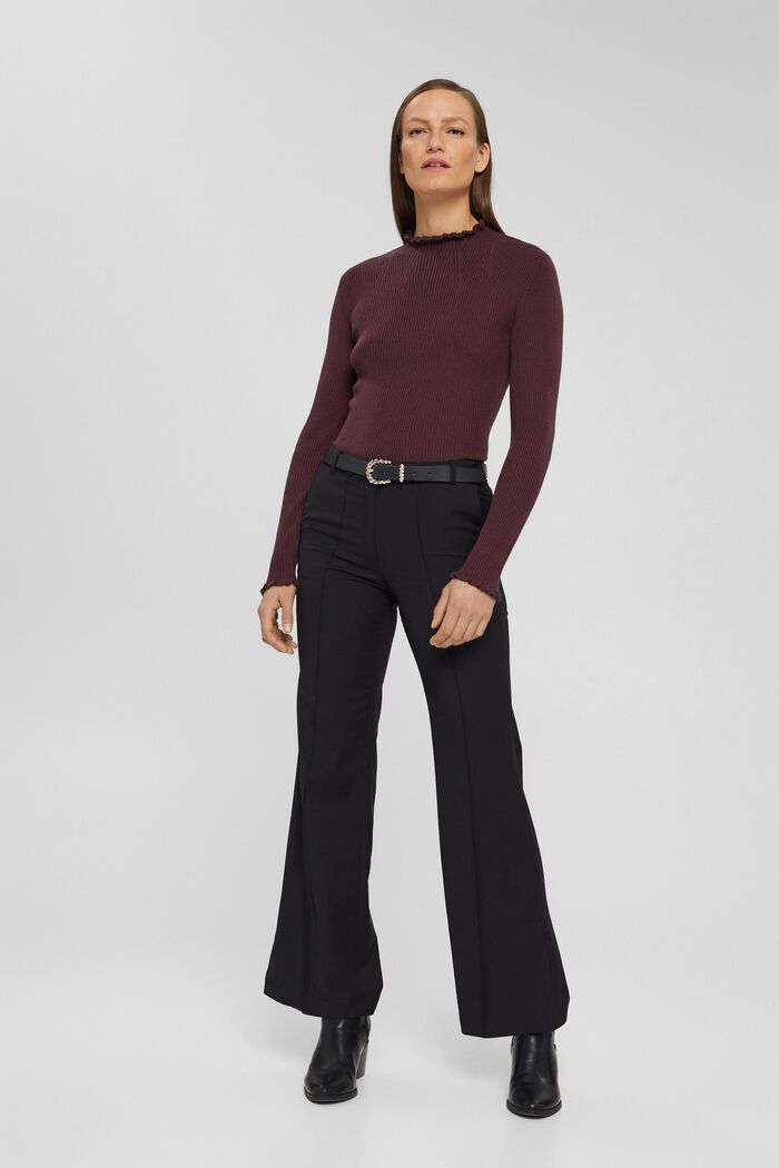 Wool blend: ribbed jumper with frills, BORDEAUX RED, detail image number 6