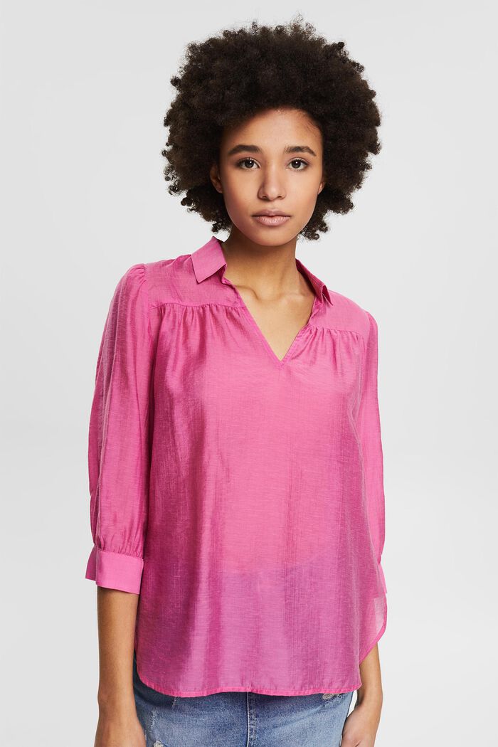 Lightweight blended linen blouse with a turn-down collar, PINK, detail image number 0