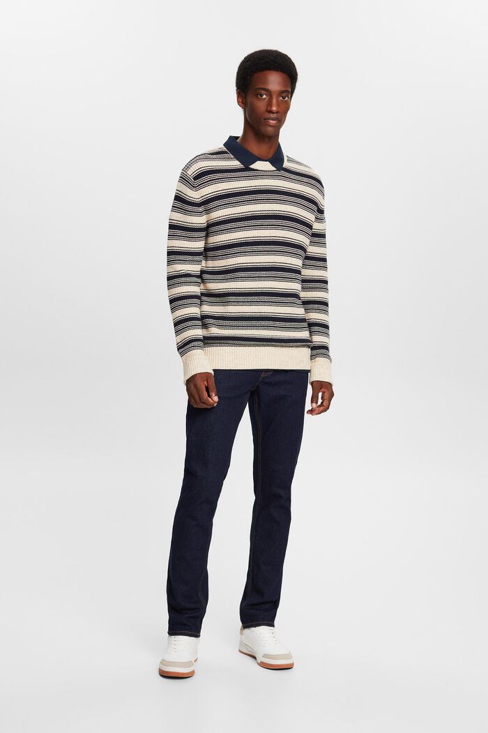 Striped crewneck jumper, 100% cotton, NAVY, detail image number 0