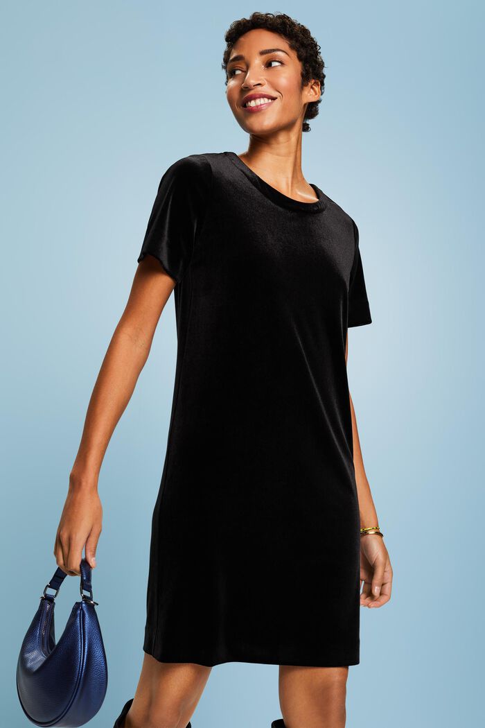 Short Sleeve Velvet Midi Dress, BLACK, detail image number 0
