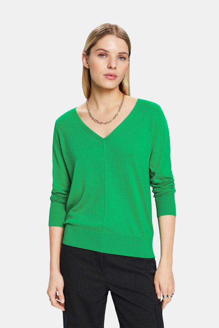 Cotton V-Neck Sweater, GREEN, detail image number 0