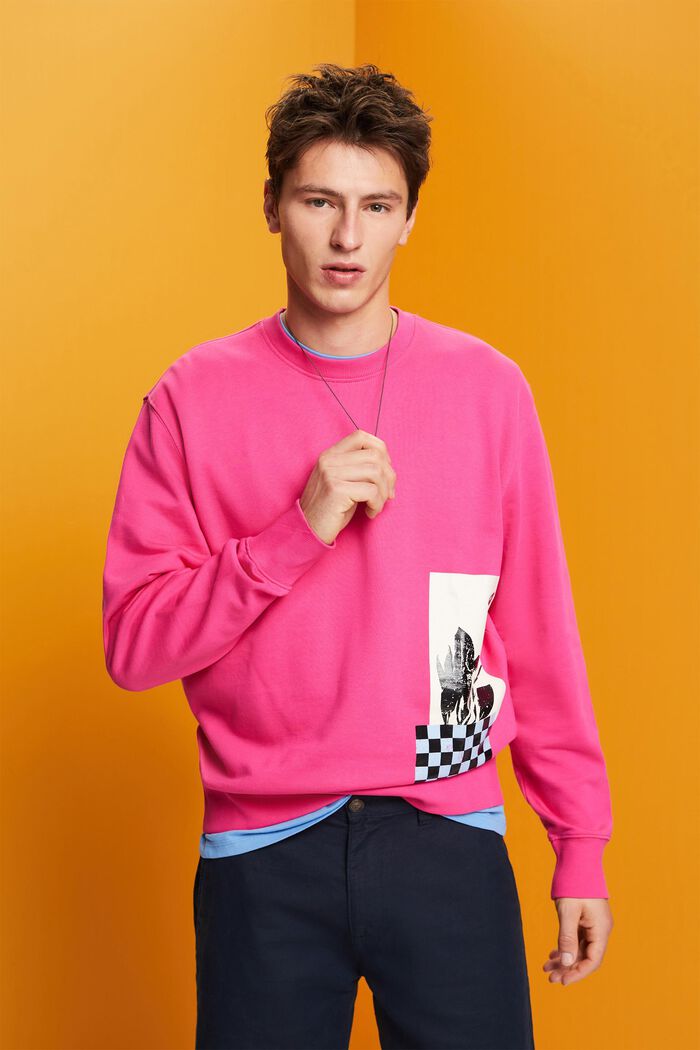 Crewneck sweatshirt with print, 100% cotton, PINK FUCHSIA, detail image number 0