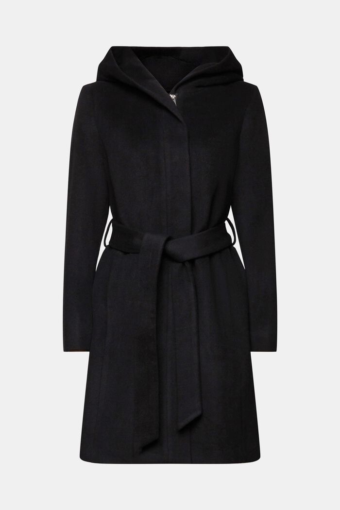 Recycelt: hooded wool blend coat with belt, BLACK, detail image number 5