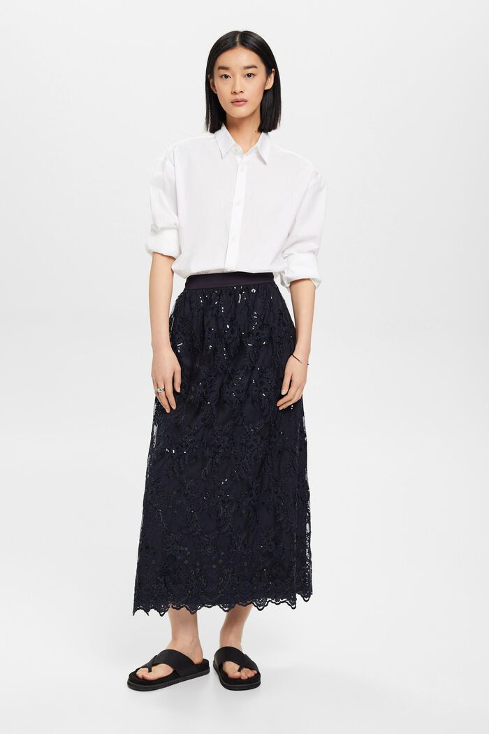 Midi skirt with embroidered flowers, NAVY, detail image number 4