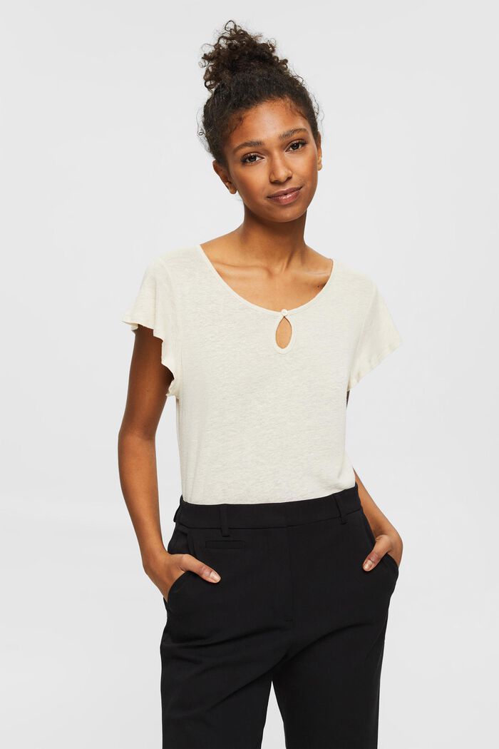 Linen blend: T-shirt with a decorative keyhole cut-out