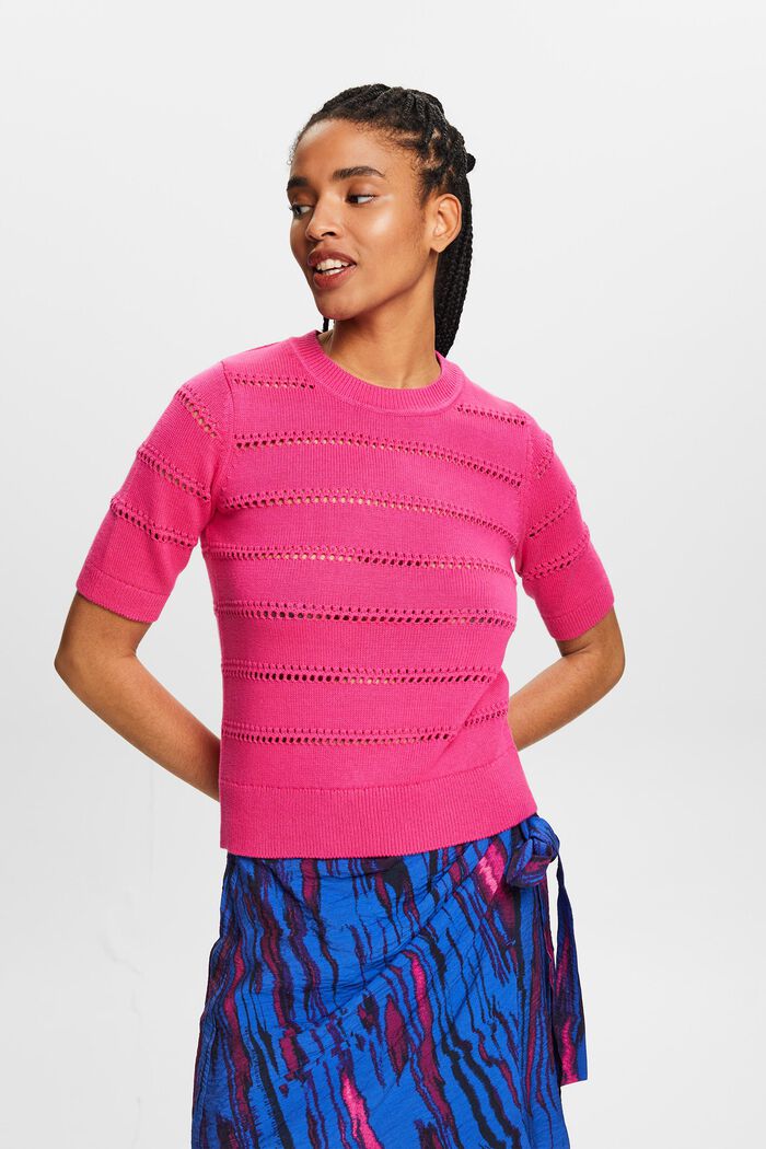 Pointelle Short-Sleeve Sweater, PINK FUCHSIA, detail image number 0