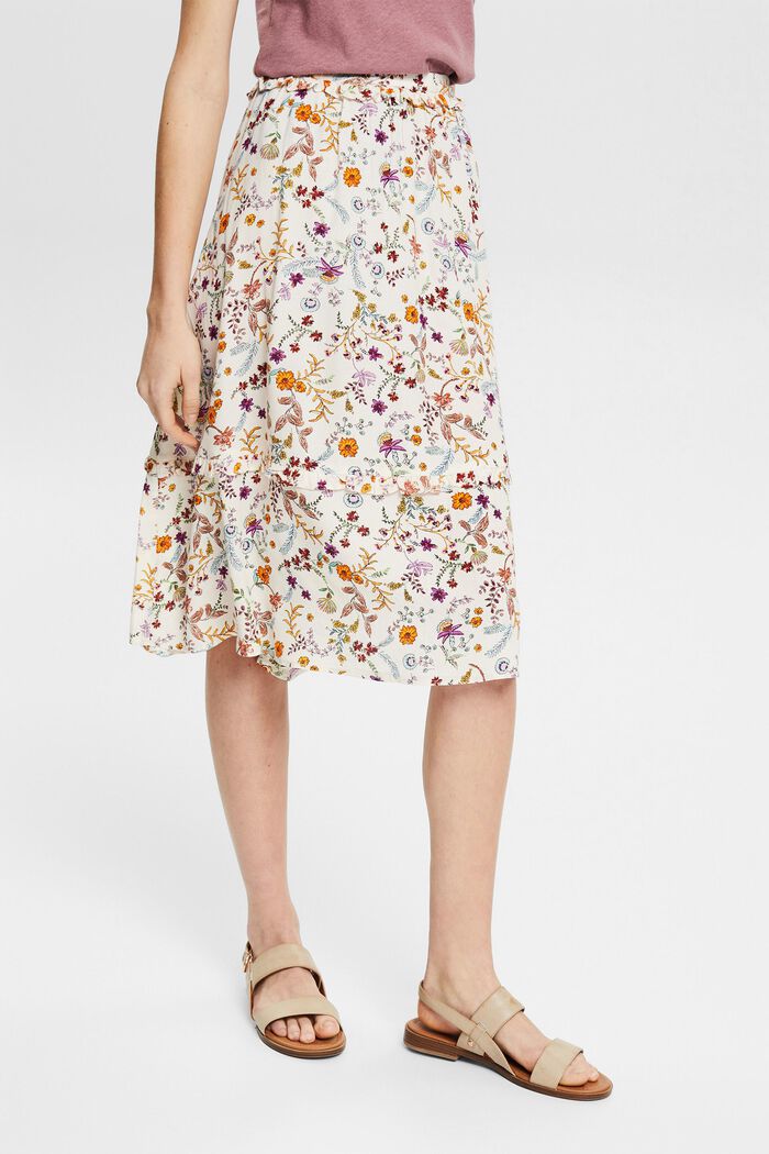 Floral patterned midi skirt with a frilled edge, CREAM BEIGE, detail image number 0