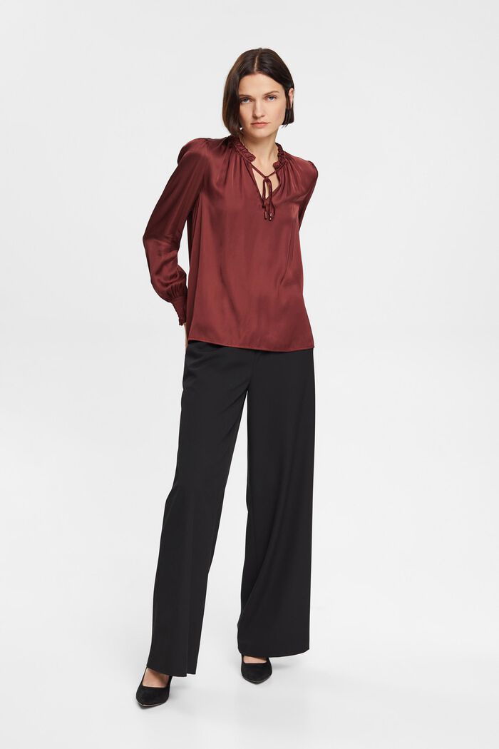 Satin ruffle collar blouse, LENZING™ ECOVERO™, BORDEAUX RED, detail image number 4