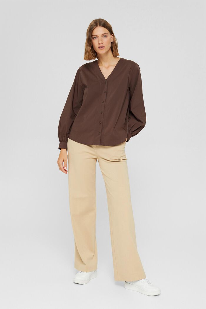Poplin blouse with balloon sleeves, DARK BROWN, detail image number 1