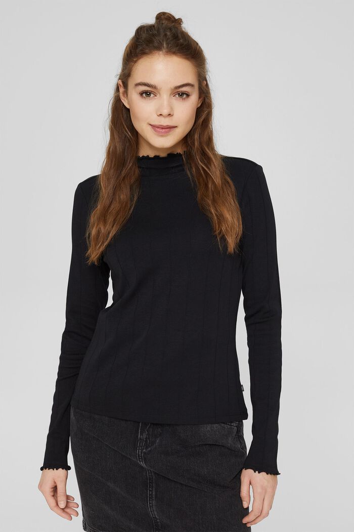 Long sleeve top with wavy edges, BLACK, detail image number 0
