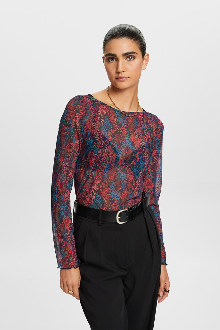 Patterned and pleated mesh top, DARK BLUE, detail image number 1