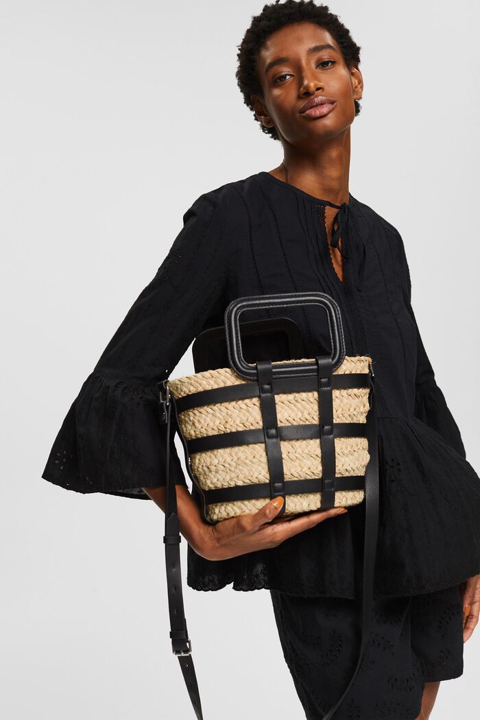 Straw bag with faux leather elements, BLACK, detail image number 1