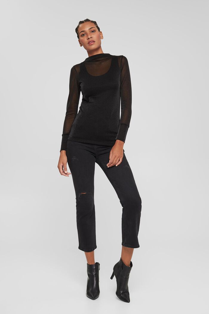 Semi-sheer long sleeve top with glitter, BLACK, detail image number 6