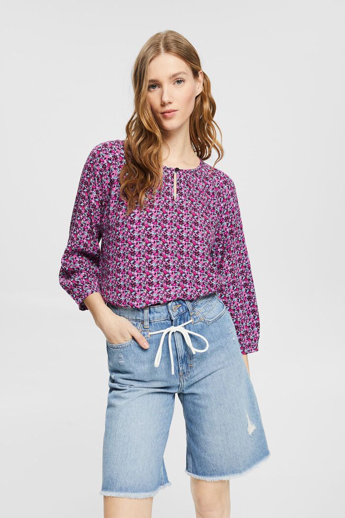 Blouse with a mille-fleurs pattern, NAVY, overview