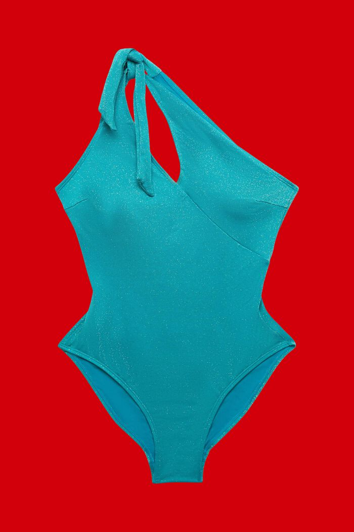 One-shoulder swimsuit with sparkle effect, TEAL BLUE, detail image number 3