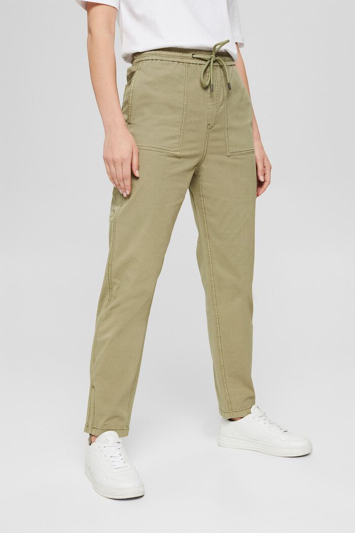 Stretch trousers with an elasticated waistband, organic cotton, LIGHT KHAKI, detail image number 0
