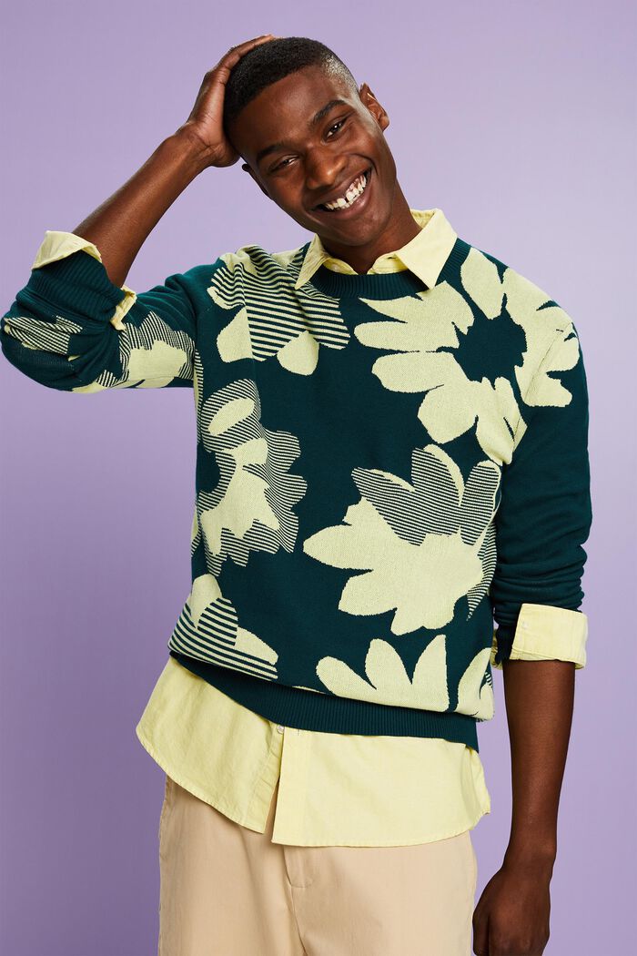 Jacquard Cotton Sweater, DARK TEAL GREEN, detail image number 4
