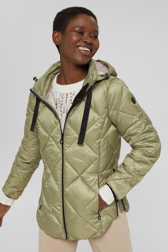 Recycled: Quilted jacket with an adjustable hood, LIGHT KHAKI, overview