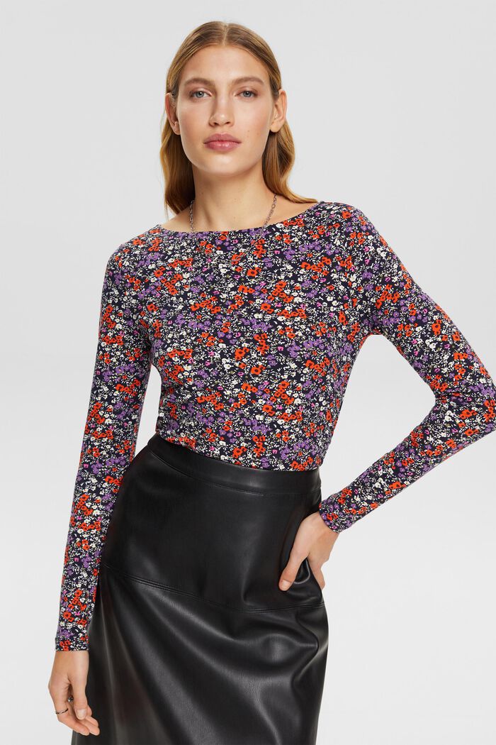 Long-sleeved top with all-over pattern, NAVY, detail image number 0