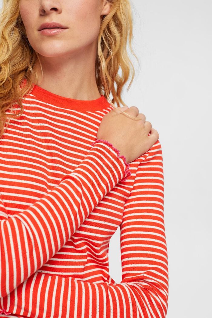 Striped pointelle long sleeve top, RED, detail image number 3