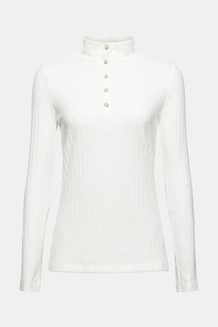 Ribbed top with band collar and button placket, OFF WHITE, overview