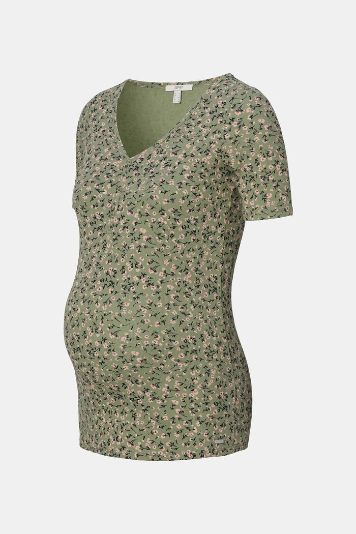 T-shirt with millefleurs pattern, organic cotton, REAL OLIVE, overview