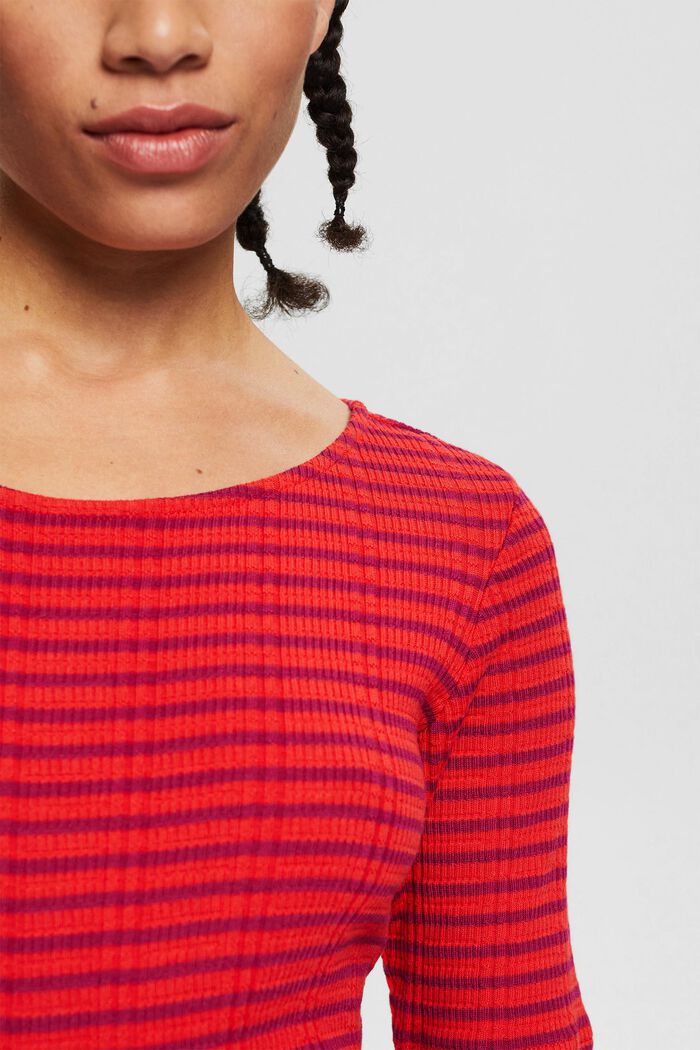 Rib knit top with stripes, blended cotton, ORANGE RED, detail image number 2