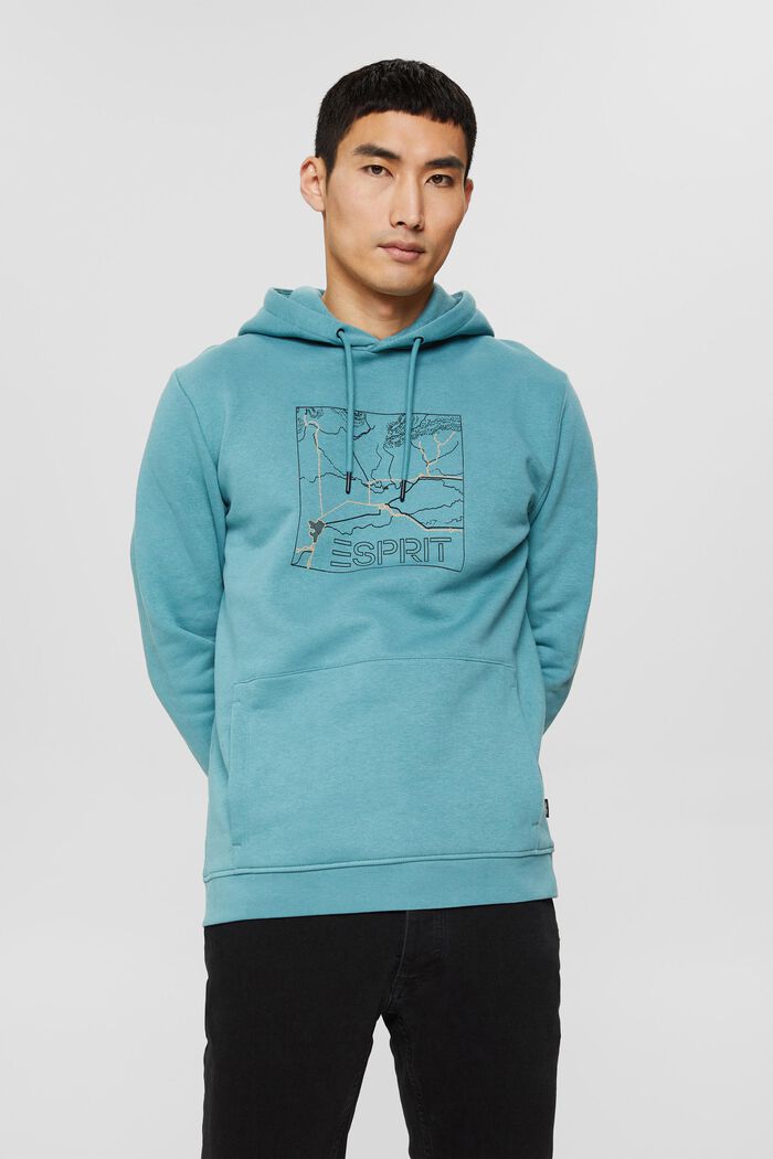 Made of recycled material: sweatshirt hoodie with print, TURQUOISE, detail image number 0