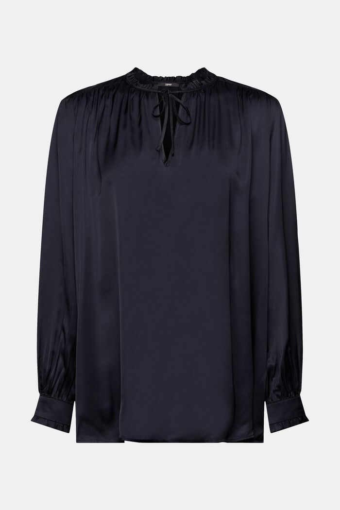 Satin blouse with ruffled edges, NAVY, detail image number 7