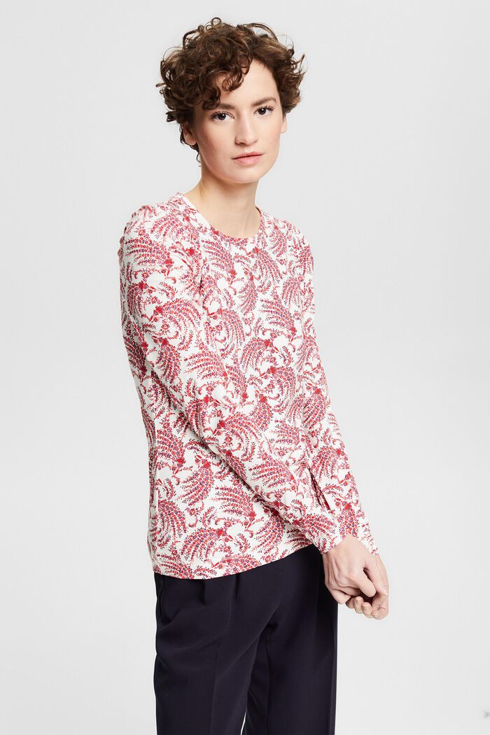 Long sleeve top with a floral pattern, in organic cotton, OFF WHITE, detail image number 0