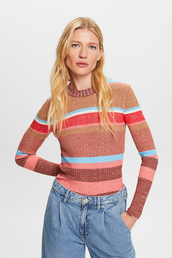 Striped rib knit jumper, LENZING™ ECOVERO™, RUST BROWN, detail image number 0