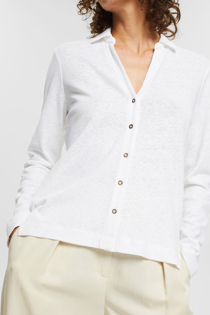 Made of blended linen: long sleeve top with a button placket, WHITE, detail image number 2
