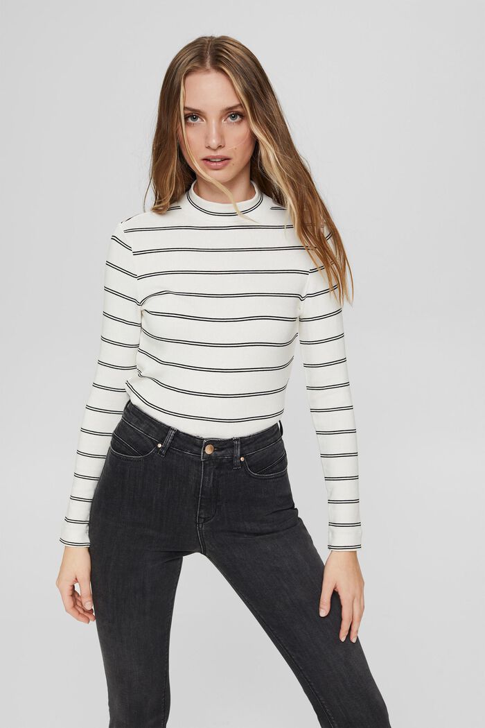 Striped long sleeve top with a stand-up collar, OFF WHITE, detail image number 0