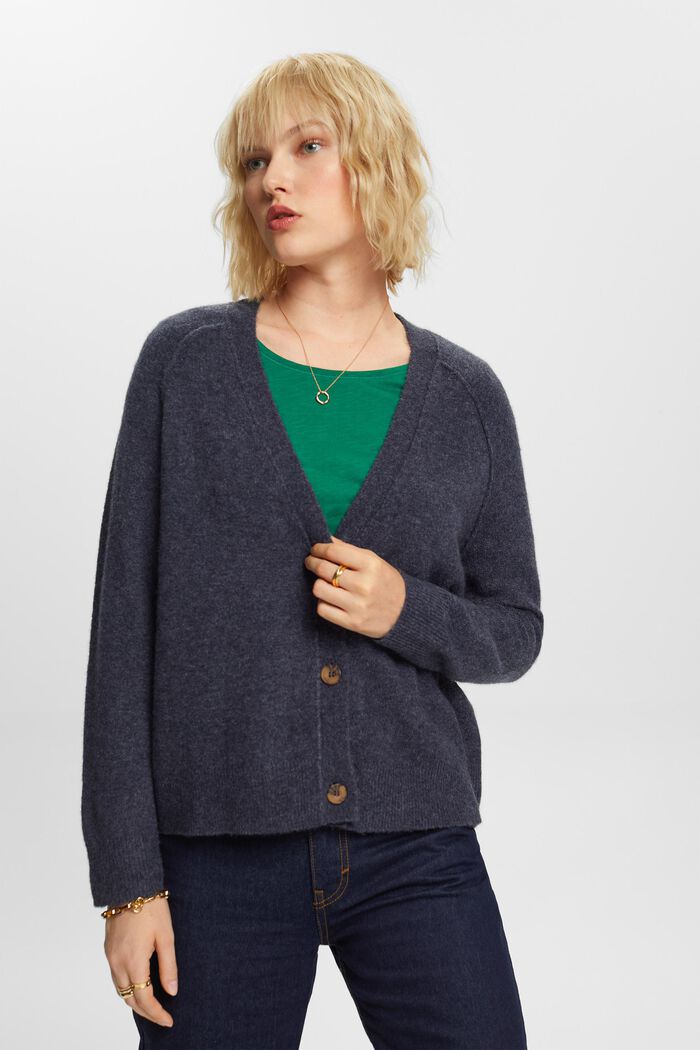 Buttoned V-neck cardigan, wool blend, NAVY, detail image number 0