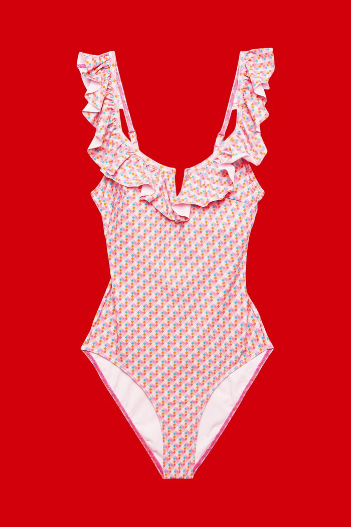 Padded swimsuit with frilly trim, PINK FUCHSIA, detail image number 4
