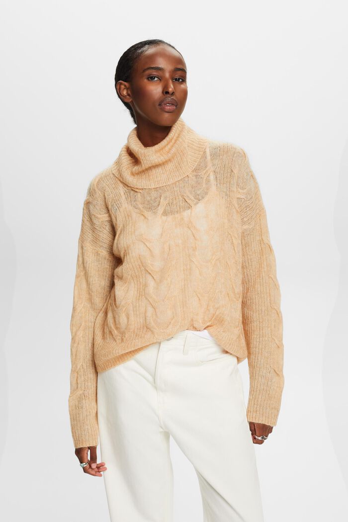 Cable-Knit Mohair-Blend Turtleneck, DUSTY NUDE, detail image number 1