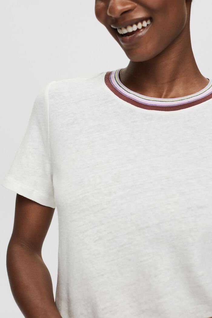 Linen blend: T-shirt with a striped neckline, OFF WHITE, detail image number 2