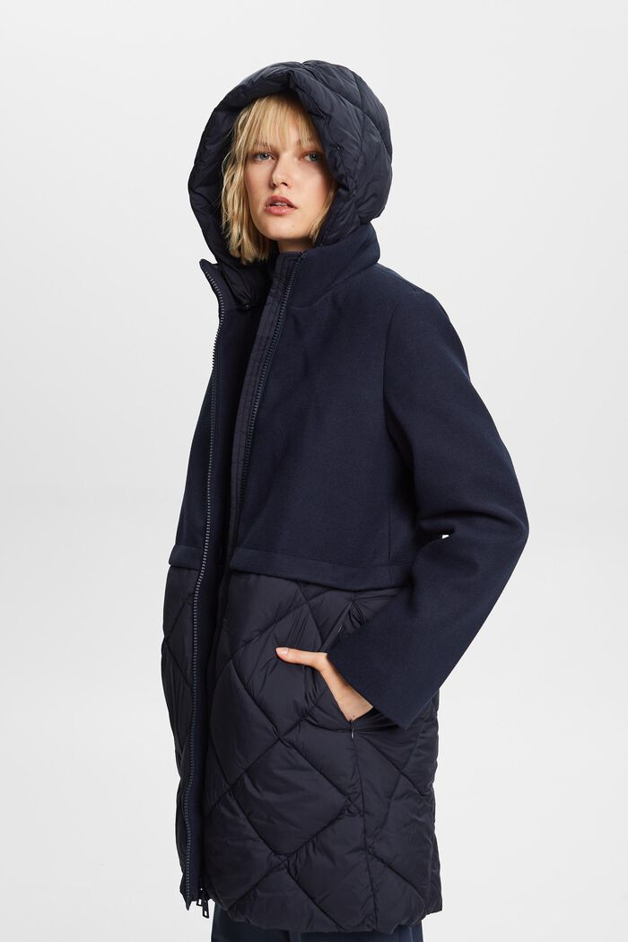 Mixed Material Hooded Coat, NAVY, detail image number 0