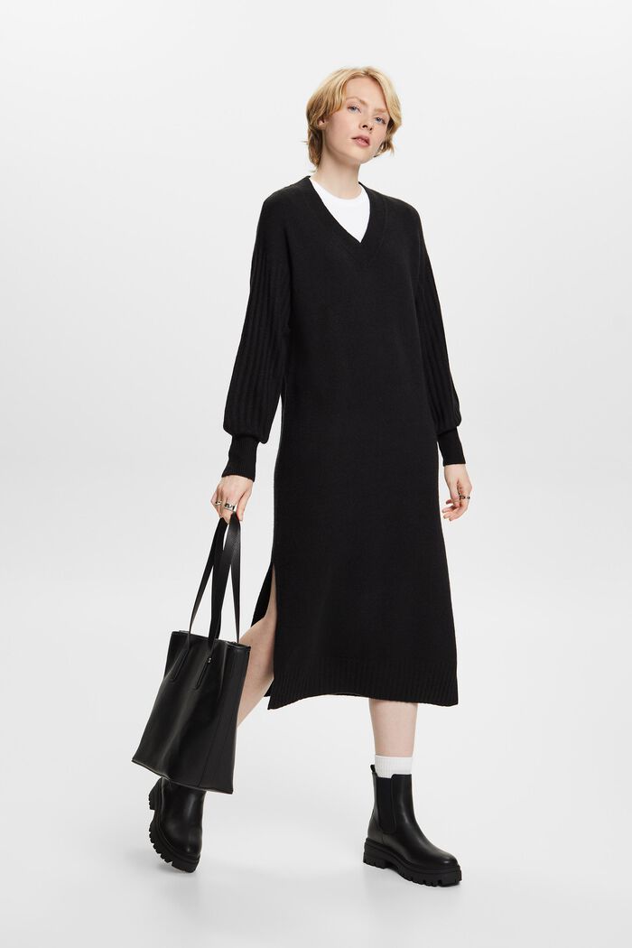 Wool-Blend Knit Midi Dress, BLACK, detail image number 1