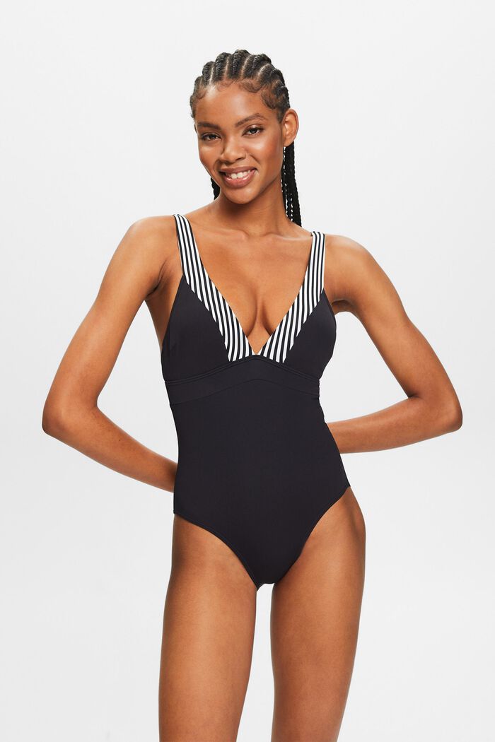 Striped One-Piece Swimsuit, BLACK, detail image number 4